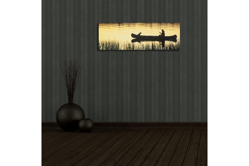Canvastavla med LED-belysning 30x90 cm - Silhuett av en kanot med en person och en hund i solnedgångens ljus - Guld / Svart - Inredning - Tavlor & konst - Canvastavlor