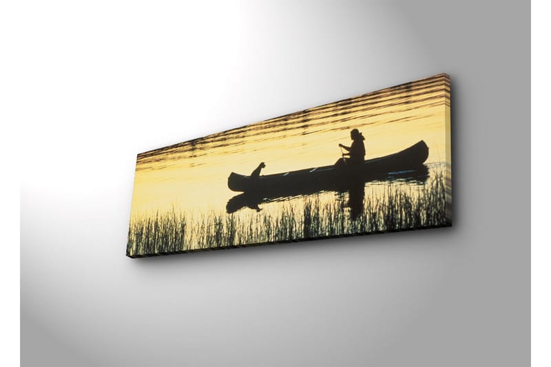 Canvastavla med LED-belysning 30x90 cm - Silhuett av en kanot med en person och en hund i solnedgångens ljus - Guld / Svart - Inredning - Tavlor & konst - Canvastavlor