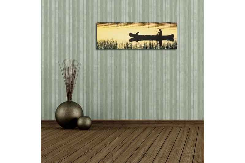Canvastavla med LED-belysning 30x90 cm - Silhuett av en kanot med en person och en hund i solnedgångens ljus - Guld / Svart - Inredning - Tavlor & konst - Canvastavlor
