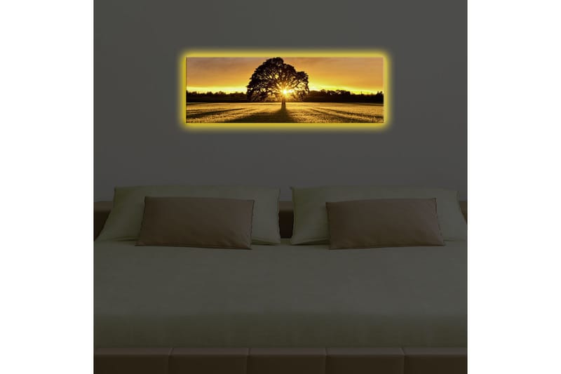 Canvastavla med LED-belysning 30x90 cm - Silhuett av ett träd mot en gyllene solnedgång - Guld / Svart / Grön - Inredning - Tavlor & konst - Canvastavlor