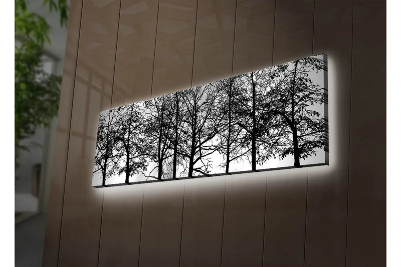 Canvastavla med LED-belysning 30x90 cm - Silhuett av träd i svartvitt, Svart / Vitt