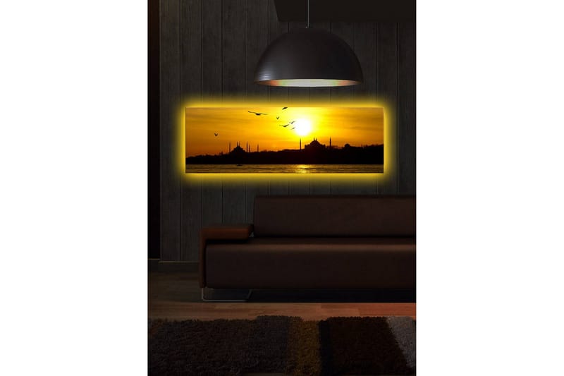 Canvastavla med LED-belysning 30x90 cm - Solnedgång över en stadssilhuett med fåglar i flykt - Guld / Svart / Orange - Inredning - Tavlor & konst - Canvastavlor