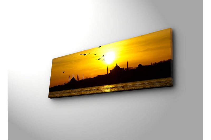 Canvastavla med LED-belysning 30x90 cm - Solnedgång över en stadssilhuett med fåglar i flykt - Guld / Svart / Orange - Inredning - Tavlor & konst - Canvastavlor
