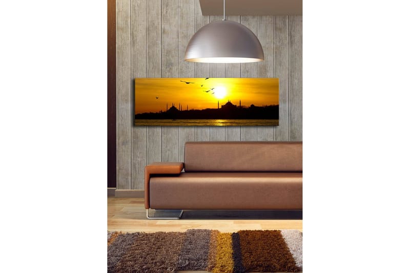 Canvastavla med LED-belysning 30x90 cm - Solnedgång över en stadssilhuett med fåglar i flykt - Guld / Svart / Orange - Inredning - Tavlor & konst - Canvastavlor