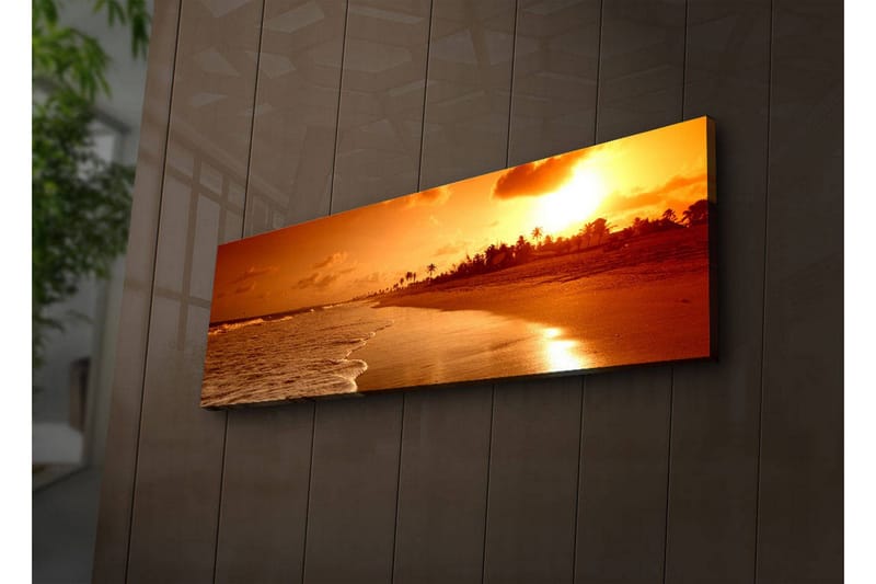 Canvastavla med LED-belysning 30x90 cm - Solnedgång över en strand med palmer i silhuett, Orange / Guld / Brun