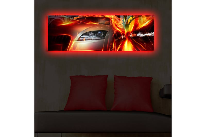 Canvastavla med LED-belysning 30x90 cm - Sportbil i rörelse med dynamiska ljuseffekter - Röd / Orange / Svart - Inredning - Tavlor & konst - Canvastavlor