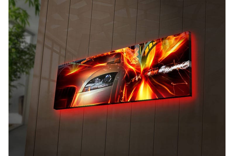 Canvastavla med LED-belysning 30x90 cm - Sportbil i rörelse med dynamiska ljuseffekter - Röd / Orange / Svart - Inredning - Tavlor & konst - Canvastavlor