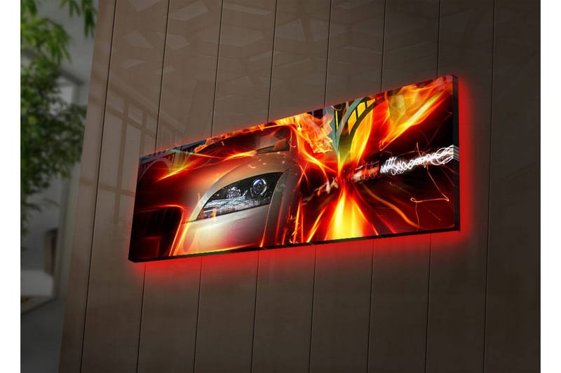 Canvastavla med LED-belysning 30x90 cm - Sportbil i rörelse med dynamiska ljuseffekter - Röd / Orange / Svart - Inredning - Tavlor & konst - Canvastavlor
