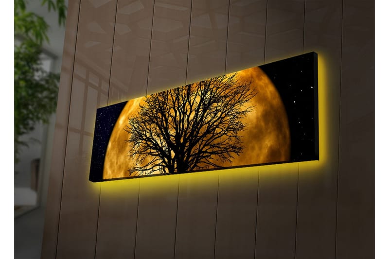 Canvastavla med LED-belysning 30x90 cm - Stämningsfullt motiv av en måne bakom ett silhuett av ett träd, Guld / Svart