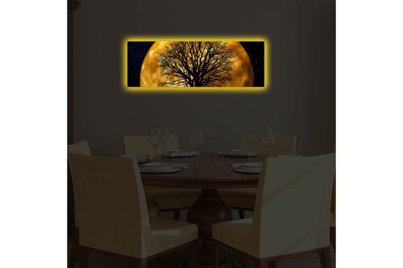 Canvastavla med LED-belysning 30x90 cm - Stämningsfullt motiv av en måne bakom ett silhuett av ett träd - Guld / Svart - Inredning - Tavlor & konst - Canvastavlor