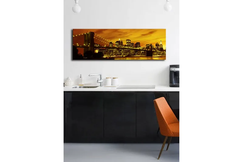 Canvastavla med LED-belysning 30x90 cm - Stadssilhuett med bro i solnedgångens gyllene ljus - Guld / Svart / Orange - Inredning - Tavlor & konst - Canvastavlor