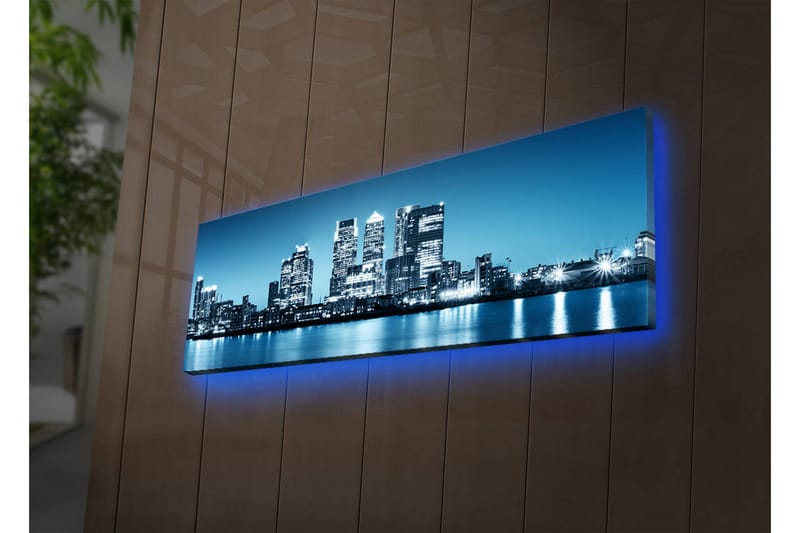 Canvastavla med LED-belysning 30x90 cm - Stadssilhuett med moderna skyskrapor vid en vattenkant, Blå / Svart / Vit