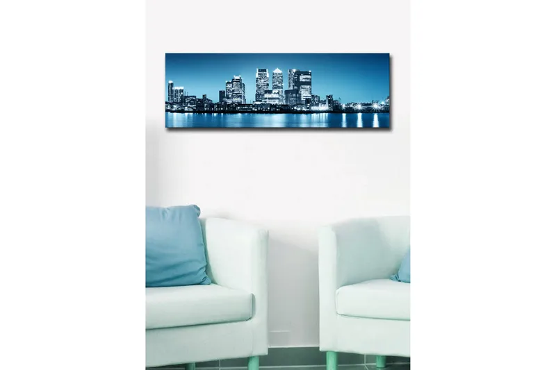Canvastavla med LED-belysning 30x90 cm - Stadssilhuett med moderna skyskrapor vid en vattenkant - Blå / Svart / Vit - Inredning - Tavlor & konst - Canvastavlor