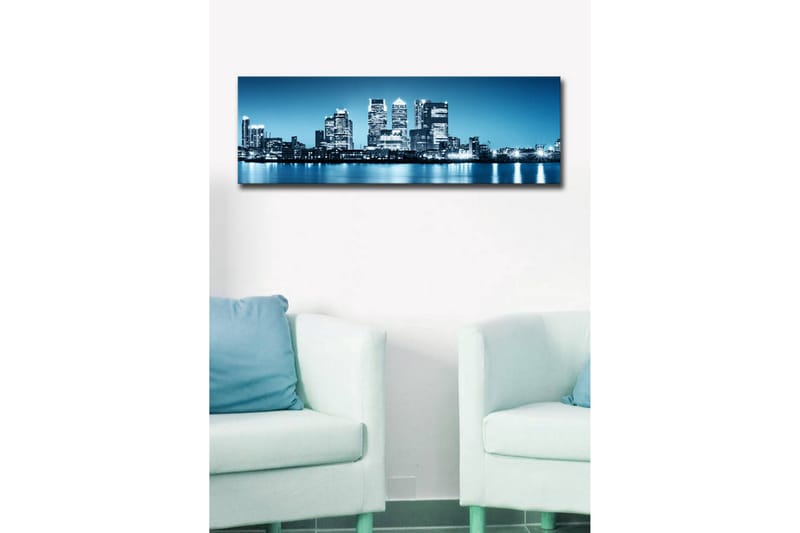 Canvastavla med LED-belysning 30x90 cm - Stadssilhuett med moderna skyskrapor vid en vattenkant - Blå / Svart / Vit - Inredning - Tavlor & konst - Canvastavlor