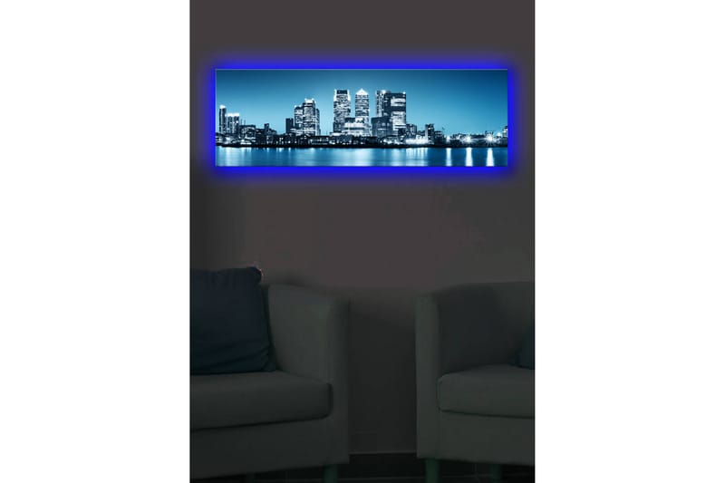 Canvastavla med LED-belysning 30x90 cm - Stadssilhuett med moderna skyskrapor vid en vattenkant - Blå / Svart / Vit - Inredning - Tavlor & konst - Canvastavlor