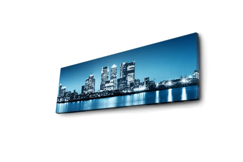 Canvastavla med LED-belysning 30x90 cm - Stadssilhuett med moderna skyskrapor vid en vattenkant - Blå / Svart / Vit - Inredning - Tavlor & konst - Canvastavlor