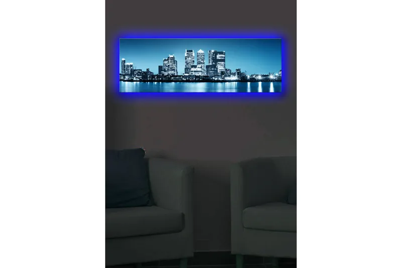 Canvastavla med LED-belysning 30x90 cm - Stadssilhuett med moderna skyskrapor vid en vattenkant - Blå / Svart / Vit - Inredning - Tavlor & konst - Canvastavlor