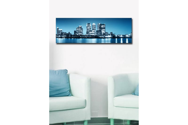 Canvastavla med LED-belysning 30x90 cm - Stadssilhuett med moderna skyskrapor vid en vattenkant - Blå / Svart / Vit - Inredning - Tavlor & konst - Canvastavlor