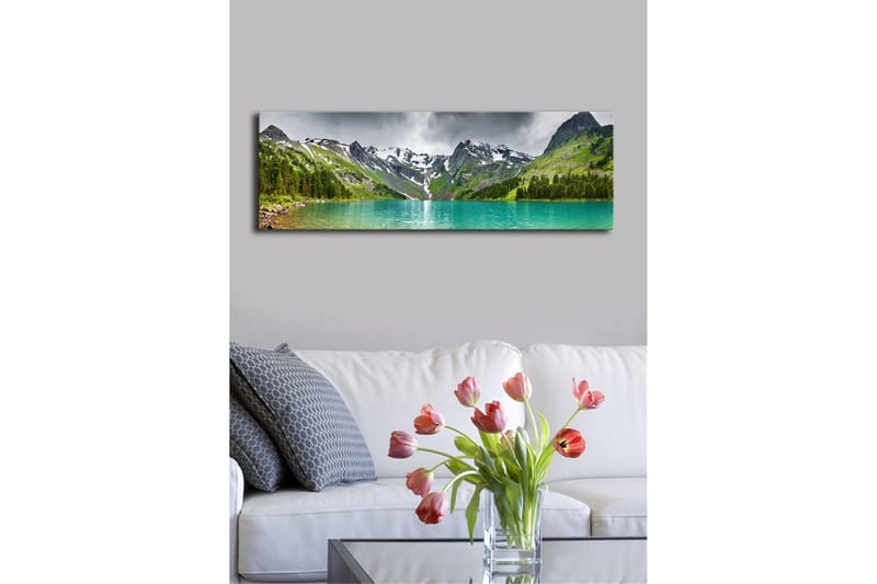 Canvastavla med LED-belysning 30x90 cm - Storslagen berglandskap med en glittrande sjö - Turkos / Grön / Grå - Inredning - Tavlor & konst - Canvastavlor