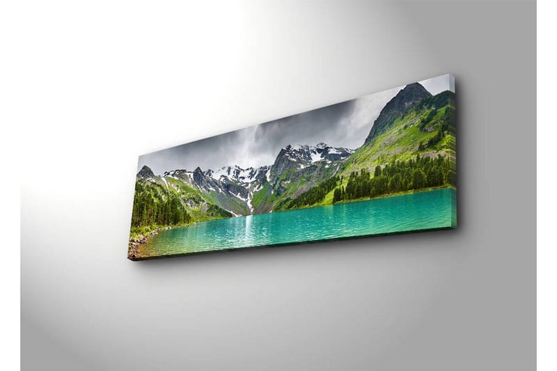 Canvastavla med LED-belysning 30x90 cm - Storslagen berglandskap med en glittrande sjö - Turkos / Grön / Grå - Inredning - Tavlor & konst - Canvastavlor