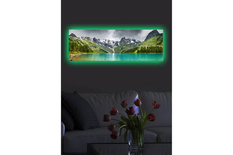 Canvastavla med LED-belysning 30x90 cm - Storslagen berglandskap med en glittrande sjö - Turkos / Grön / Grå - Inredning - Tavlor & konst - Canvastavlor