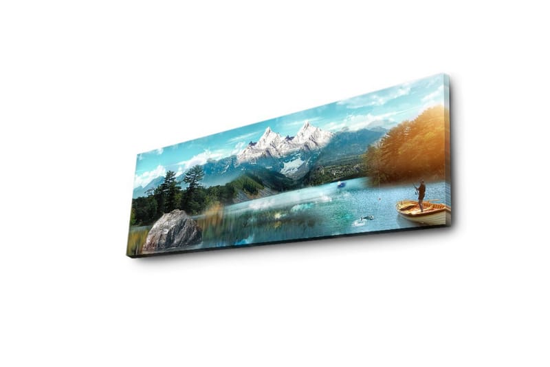 Canvastavla med LED-belysning 30x90 cm - Storslagen fjällandskap med en fiskare i en båt på en spegelblanka sjö - Blå / Grön / Vit - Inredning - Tavlor & konst - Canvastavlor