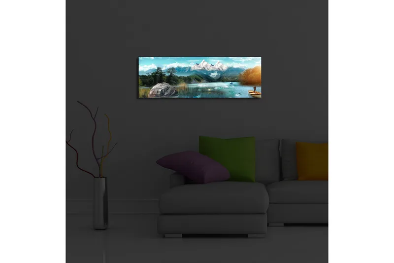 Canvastavla med LED-belysning 30x90 cm - Storslagen fjällandskap med en fiskare i en båt på en spegelblanka sjö - Blå / Grön / Vit - Inredning - Tavlor & konst - Canvastavlor