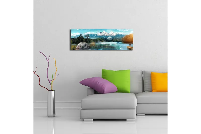Canvastavla med LED-belysning 30x90 cm - Storslagen fjällandskap med en fiskare i en båt på en spegelblanka sjö - Blå / Grön / Vit - Inredning - Tavlor & konst - Canvastavlor