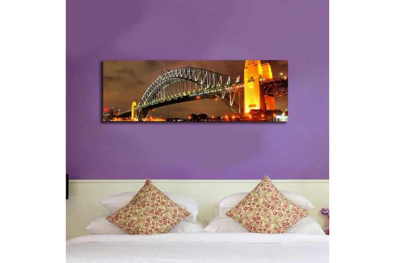 Canvastavla med LED-belysning 30x90 cm - Sydney Harbour Bridge i kvällsbelysning - Guld / Grön / Svart - Inredning - Tavlor & konst - Canvastavlor