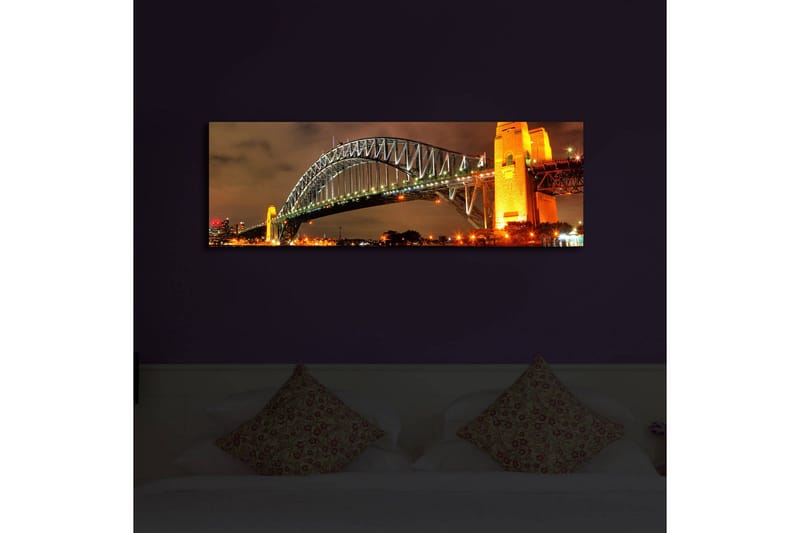 Canvastavla med LED-belysning 30x90 cm - Sydney Harbour Bridge i kvällsbelysning - Guld / Grön / Svart - Inredning - Tavlor & konst - Canvastavlor