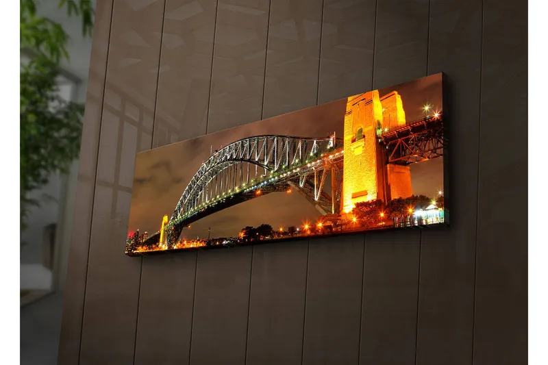 Canvastavla med LED-belysning 30x90 cm - Sydney Harbour Bridge i kvällsbelysning - Guld / Grön / Svart - Inredning - Tavlor & konst - Canvastavlor