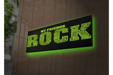 Canvastavla med LED-belysning 30x90 cm - Textbaserat konstverk med budskapet MY FRIENDS ROCK i stora, färgglada bokstäver - Grön / Svart - Inredning - Tavlor & konst - Canvastavlor