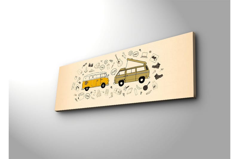Canvastavla med LED-belysning 30x90 cm - Två vintage skåpbilar omgivna av olika symboler och ikoner - Gul / Beige / Svart - Inredning - Tavlor & konst - Canvastavlor