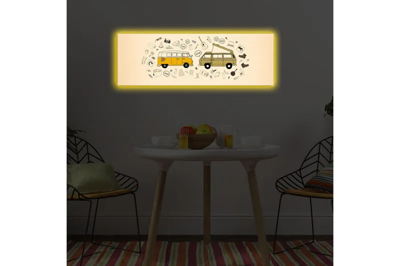 Canvastavla med LED-belysning 30x90 cm - Två vintage skåpbilar omgivna av olika symboler och ikoner - Gul / Beige / Svart - Inredning - Tavlor & konst - Canvastavlor