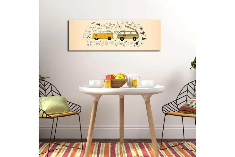Canvastavla med LED-belysning 30x90 cm - Två vintage skåpbilar omgivna av olika symboler och ikoner - Gul / Beige / Svart - Inredning - Tavlor & konst - Canvastavlor