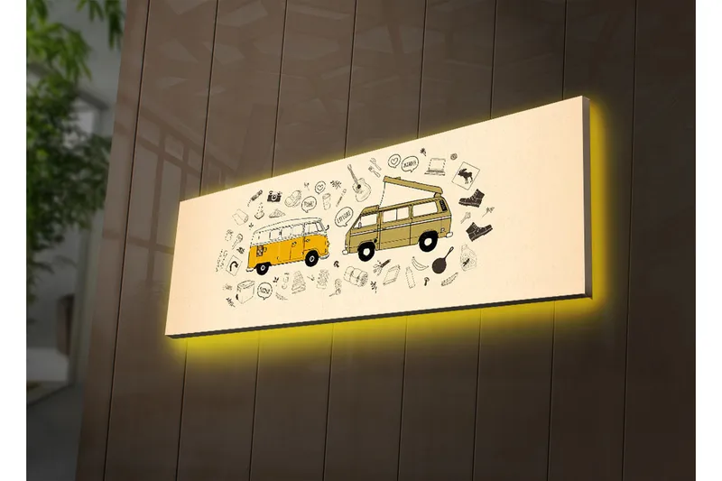 Canvastavla med LED-belysning 30x90 cm - Två vintage skåpbilar omgivna av olika symboler och ikoner - Gul / Beige / Svart - Inredning - Tavlor & konst - Canvastavlor