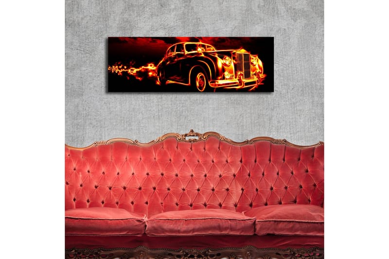 Canvastavla med LED-belysning 30x90 cm - Vintage bil med eldslågor som omger den - Röd / Svart / Orange - Inredning - Tavlor & konst - Canvastavlor