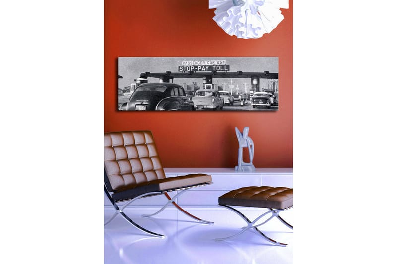 Canvastavla med LED-belysning 30x90 cm - Vintage trafikscen vid en betalstation - Svart / Vitt / Grått - Inredning - Tavlor & konst - Canvastavlor