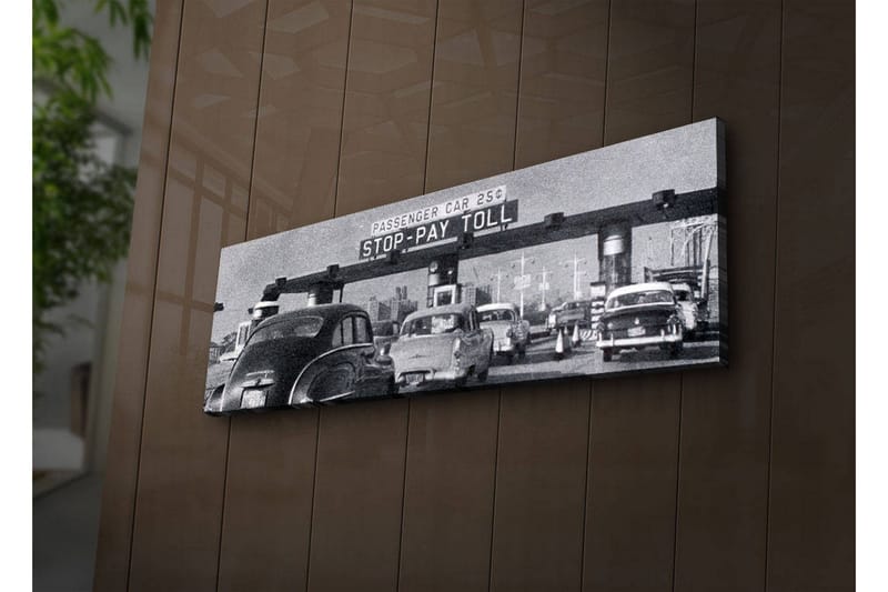 Canvastavla med LED-belysning 30x90 cm - Vintage trafikscen vid en betalstation - Svart / Vitt / Grått - Inredning - Tavlor & konst - Canvastavlor