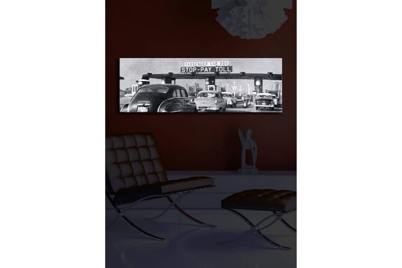 Canvastavla med LED-belysning 30x90 cm - Vintage trafikscen vid en betalstation - Svart / Vitt / Grått - Inredning - Tavlor & konst - Canvastavlor