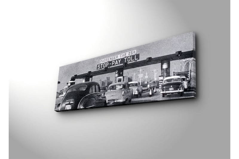 Canvastavla med LED-belysning 30x90 cm - Vintage trafikscen vid en betalstation - Svart / Vitt / Grått - Inredning - Tavlor & konst - Canvastavlor