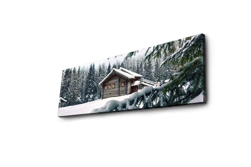 Canvastavla med LED-belysning 30x90 cm - Vinterlandskap med en stuga omgiven av snö och granar - Vit / Grön / Brun - Inredning - Tavlor & konst - Canvastavlor