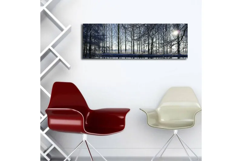 Canvastavla med LED-belysning 30x90 cm - Vinterlandskap med snöklädda träd och en svag solstråle - Blå / Vit / Grå - Inredning - Tavlor & konst - Canvastavlor
