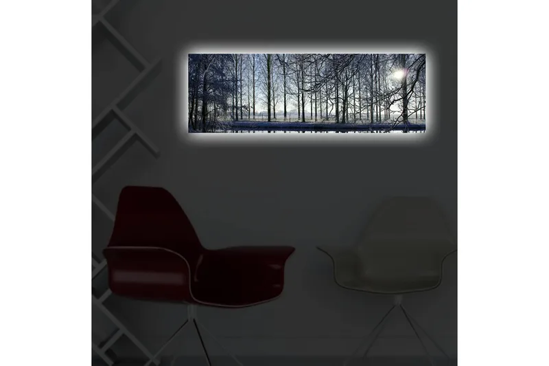 Canvastavla med LED-belysning 30x90 cm - Vinterlandskap med snöklädda träd och en svag solstråle - Blå / Vit / Grå - Inredning - Tavlor & konst - Canvastavlor