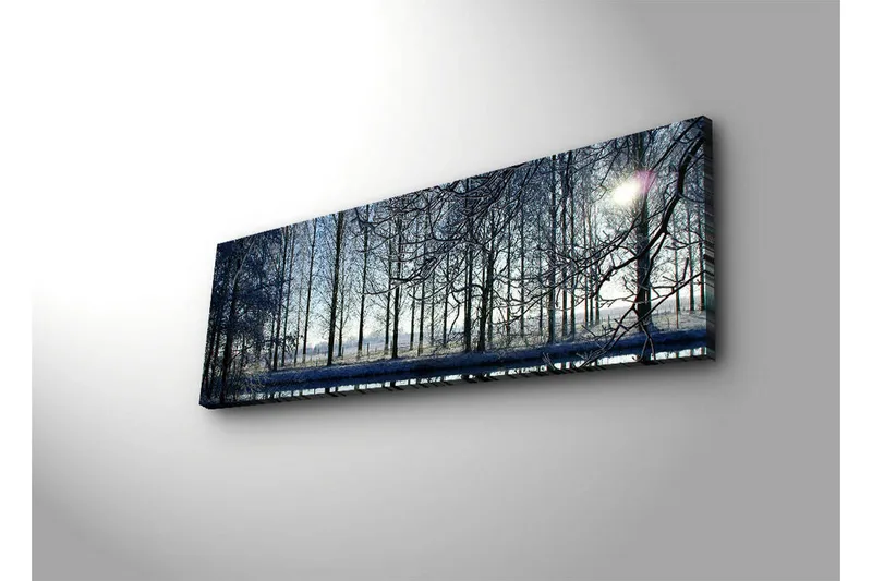 Canvastavla med LED-belysning 30x90 cm - Vinterlandskap med snöklädda träd och en svag solstråle - Blå / Vit / Grå - Inredning - Tavlor & konst - Canvastavlor