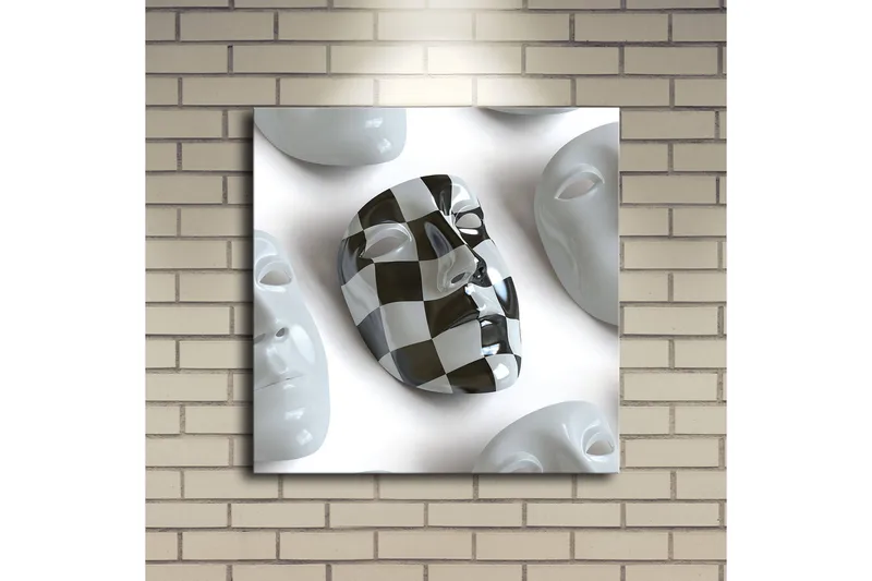 Canvastavla med LED-belysning 40x40 cm - Abstrakt komposition med ansiktsmasker i vitt och svart - Vitt / Svart - Inredning - Tavlor & konst - Canvastavlor