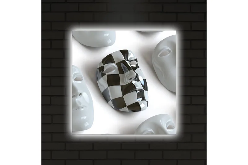 Canvastavla med LED-belysning 40x40 cm - Abstrakt komposition med ansiktsmasker i vitt och svart - Vitt / Svart - Inredning - Tavlor & konst - Canvastavlor