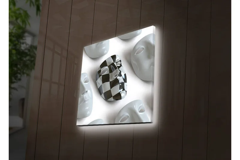 Canvastavla med LED-belysning 40x40 cm - Abstrakt komposition med ansiktsmasker i vitt och svart - Vitt / Svart - Inredning - Tavlor & konst - Canvastavlor