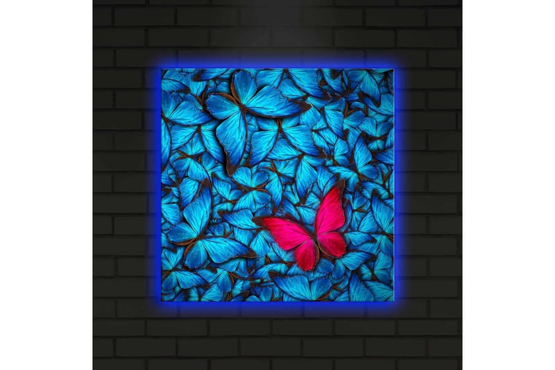 Canvastavla med LED-belysning 40x40 cm - Blåa upplysta fjärliar i bakgrunden med en rosa fjäril - Blå / Rosa / Svart - Inredning - Tavlor & konst - Canvastavlor