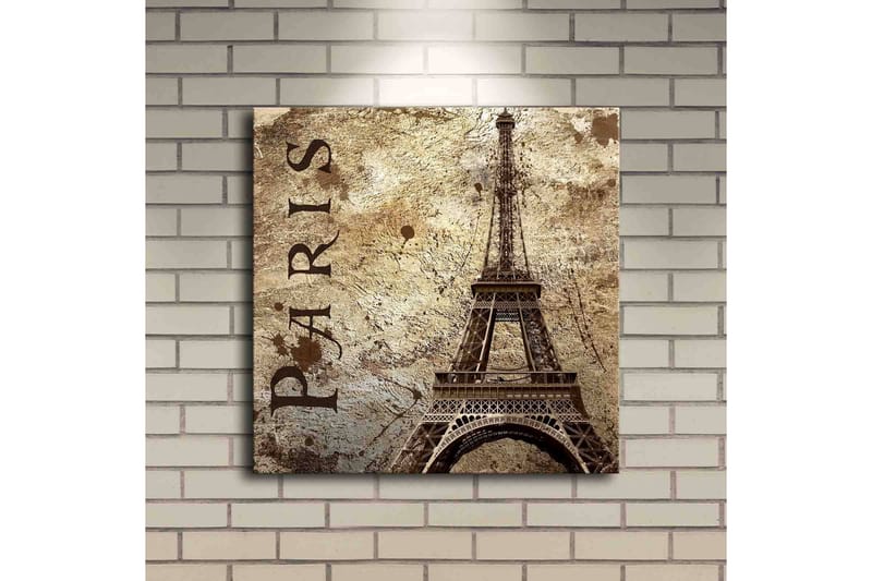 Canvastavla med LED-belysning 40x40 cm - Eiffeltornet i vintage stil med texten Paris - Beige / Brun / Svart - Inredning - Tavlor & konst - Canvastavlor
